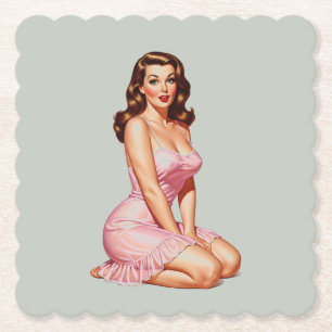 Retro Brunette Pin-up Girl in Rosa Underlägg Papper