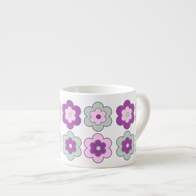 Retro Bubbelblommor (Lila och Grön) Mönster Espressomugg (Framsida höger)