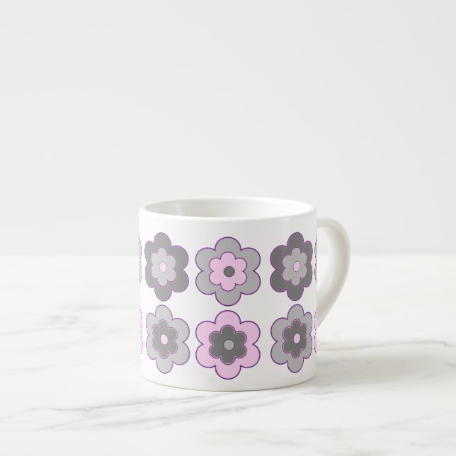 Retro Bubbelblommor (Rosa och Grå) Mönster Espressomugg (Framsida höger)