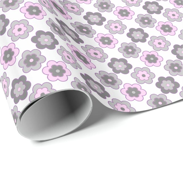 Retro Bubbelblommor (Rosa och Grå) Mönster Presentpapper (Rullad Hörn)