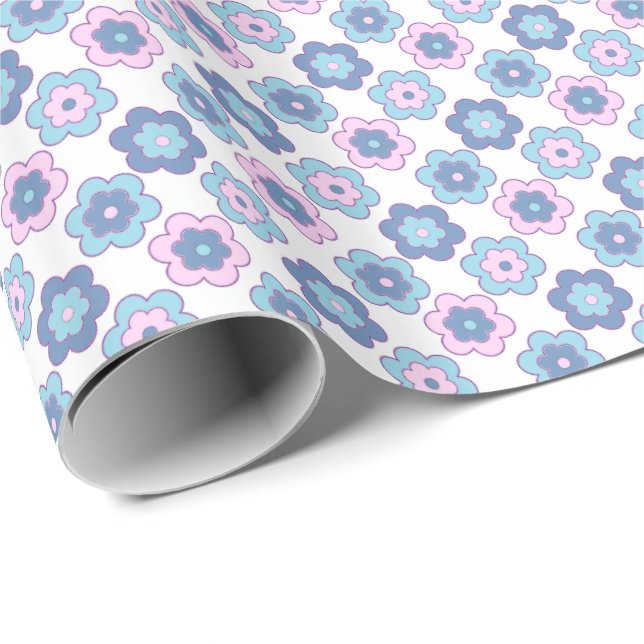 Retro Bubble Flowers (Pink and Blue) Pattern Presentpapper (Rullad Hörn)