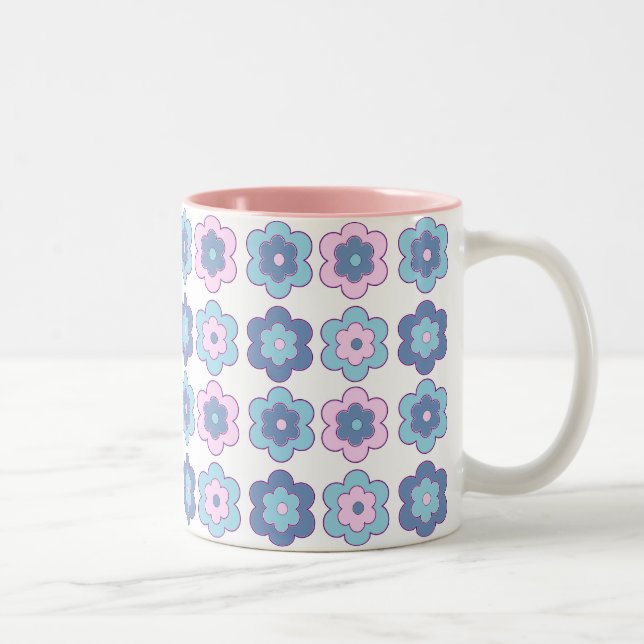 Retro Bubble Flowers (pink and blue)  Pattern Två-Tonad Mugg (Höger)