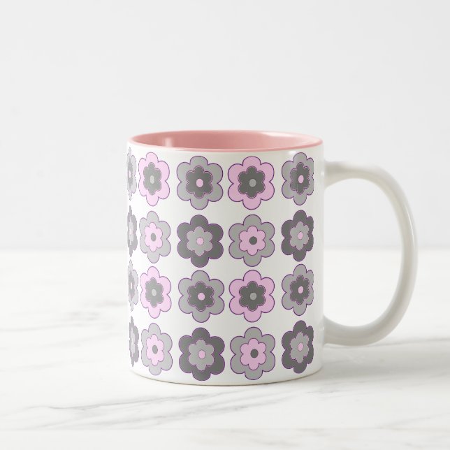 Retro Bubble Flowers (pink and gray)  Pattern Två-Tonad Mugg (Höger)