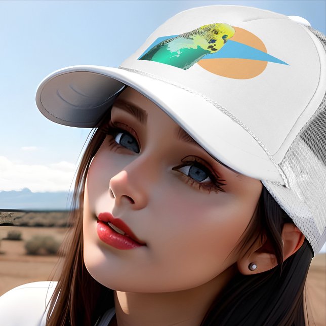 Retro Budgie Pop Art Aqua Blue Parakeet Pet Bird Keps (Cute pet budgie bird trucker hat in retro orange and aqua)