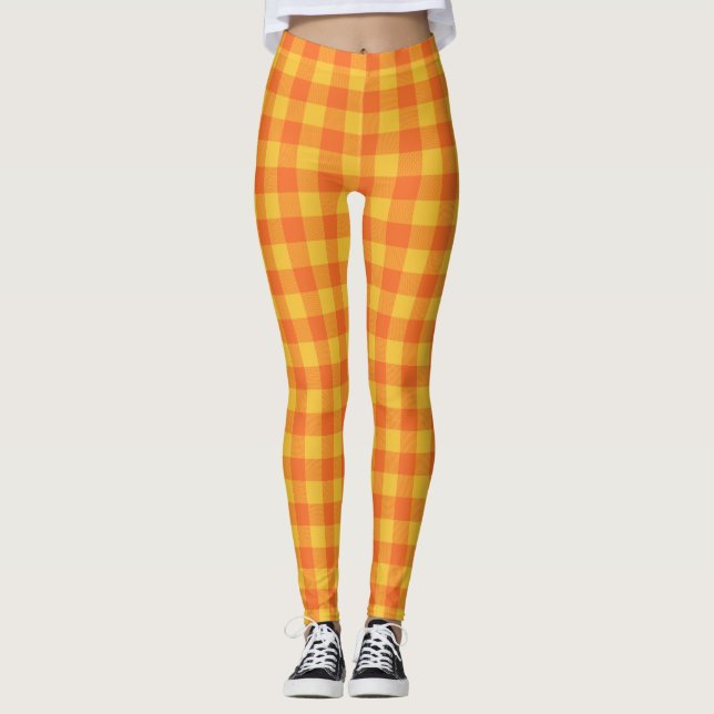 Retro Buffalo Play Tartan Mönster Gult Orange   Leggings (Framsida)