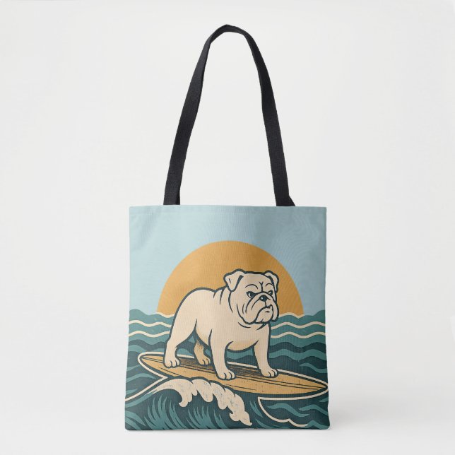 Retro Bulldog Surfer | Blå Surf Dog Grafisk Strand Tygkasse (Framsida)