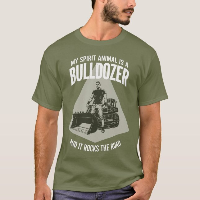 Retro Bulldozer Driver Silhouette Minimalist Green T Shirt (Framsida)