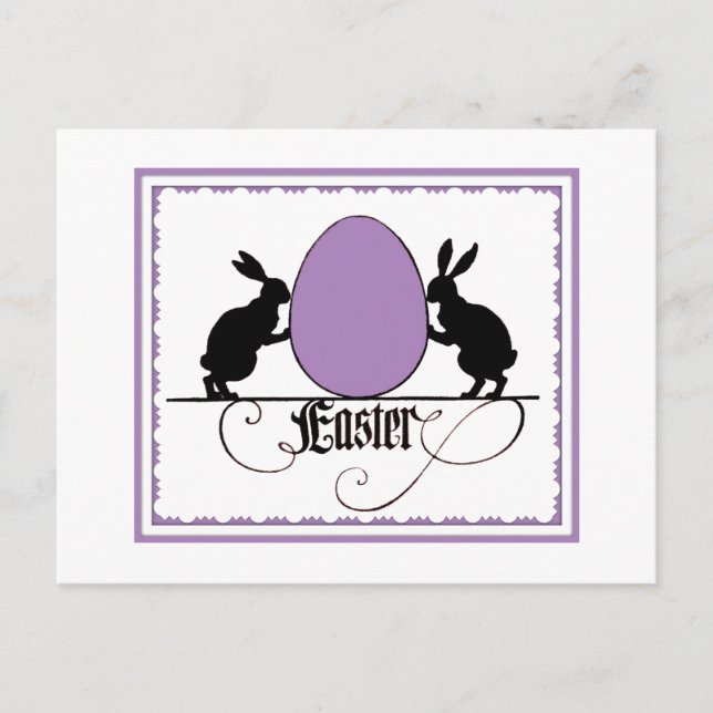 Retro Bunnies och Lila Påskägg Silhouette Vykort (Framsida)