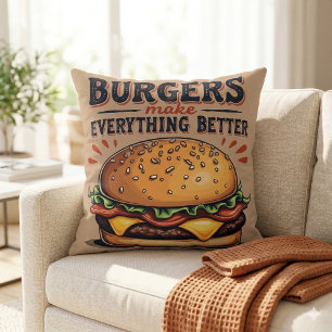 Retro Burger Älskare Vintage Typography Food Art Kudde