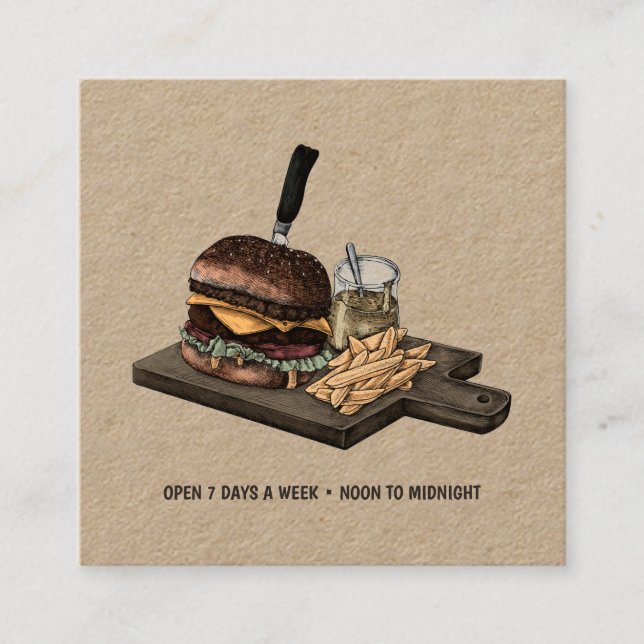 Retro Burger Kraft Affärsbricka Fyrkantigt Visitkort (Framsida)