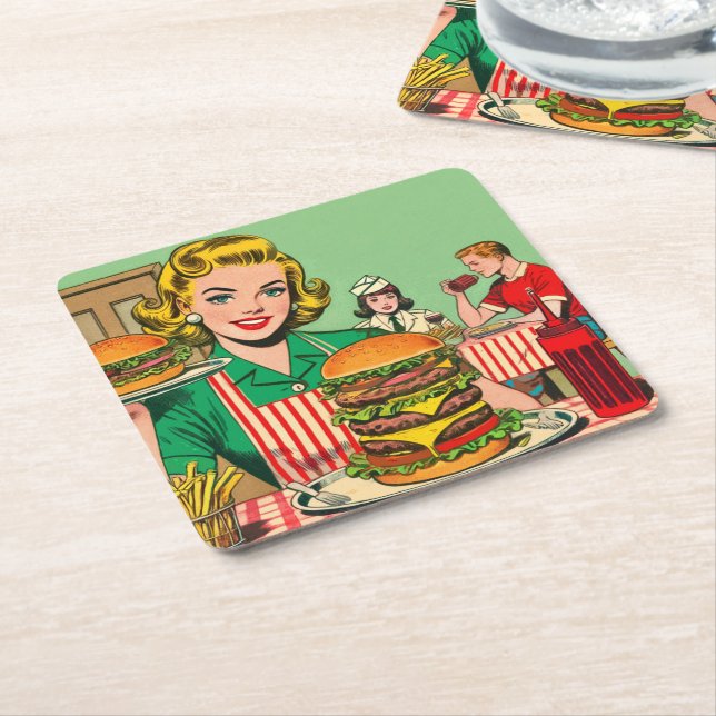 Retro Burger-Tecknader Underlägg Papper Kvadrat (Vinklad)