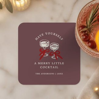 Retro Burgundy Glad Liten Cocktail Jul Underlägg Papper Kvadrat