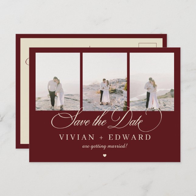 Retro Burgundy Ivory 3 Photo Collage Save The Date Vykort (Fram/baksida)
