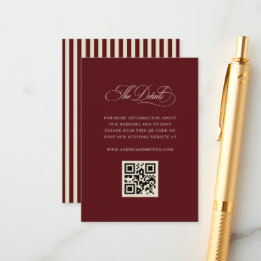 Retro Burgundy Stripes QR Code Wedding Details Tilläggskort