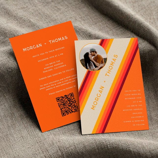 Retro Burnt Orange Rand 70 s 80 QR-kod Bröllop Inbjudningar (Front / Back)