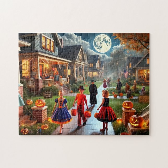 Retro Bus eller godis 1950-talets Halloween-natt Pussel (Horisontell)