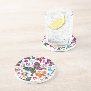 Retro Butterflies och Flowers Mönster Underlägg Sandsten