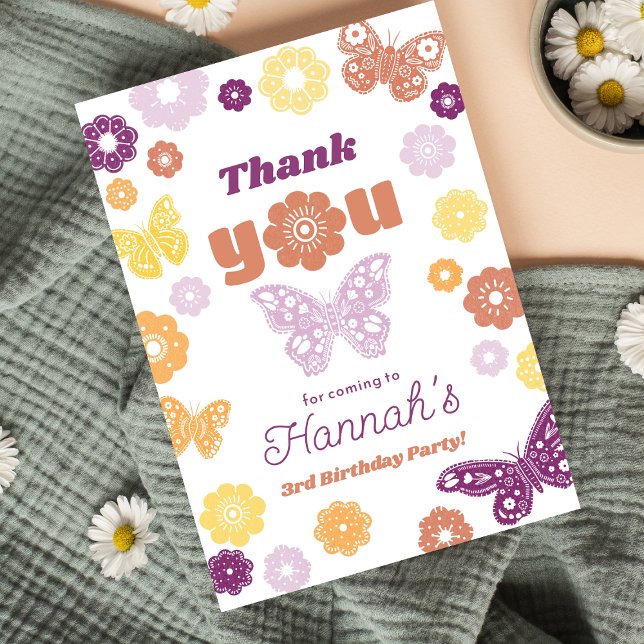Retro Butterfly Birthday med Message Tack Kort (Retro Butterfly Thank You Notes for Girls Birthday)