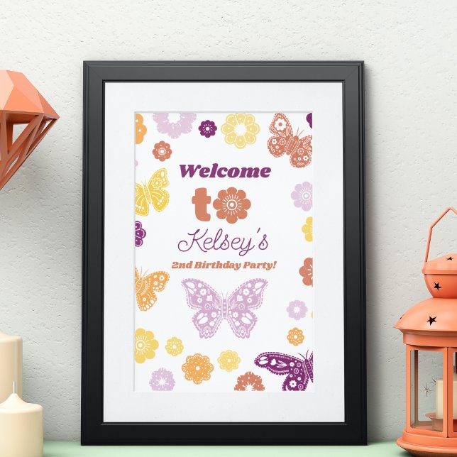 Retro Butterfly Birthday Välkomstutskrift Poster (Frameable Butterfly Birthday Welcome Sign)
