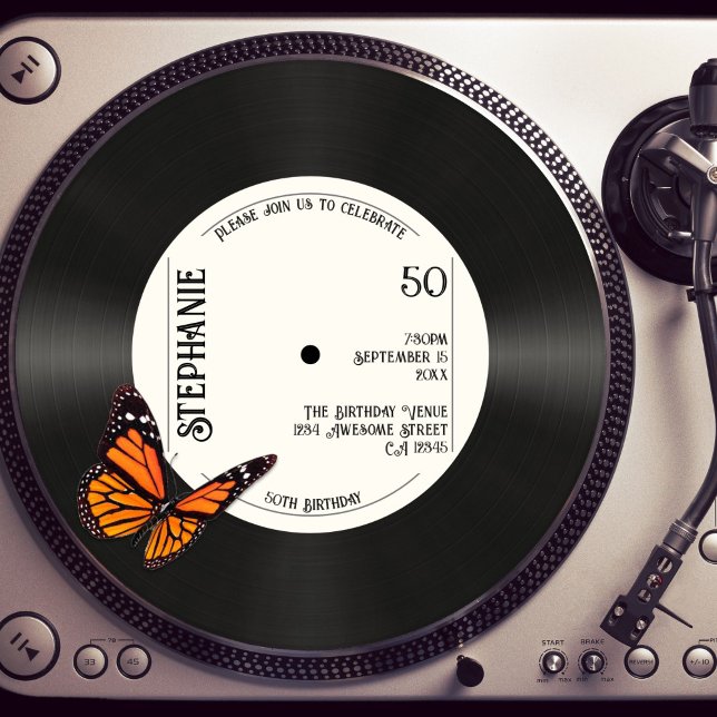 Retro Butterfly Faux Record Music 50:e födelsedage Inbjudningar (Skapare uppladdad)