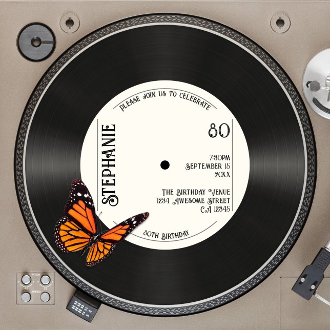 Retro Butterfly Faux Record Music 80:e födelsedage Inbjudningar (Skapare uppladdad)