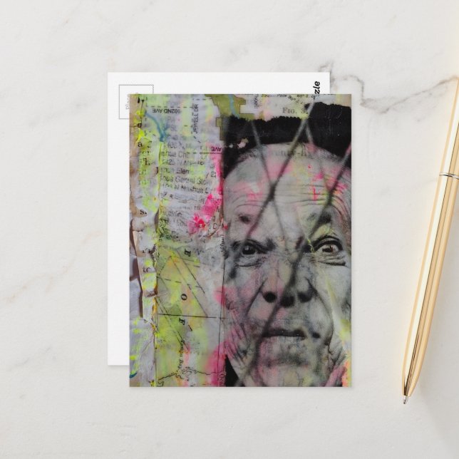 retro caged man junk journal Mixed Media Collage Vykort (Fram/Back In Situ)