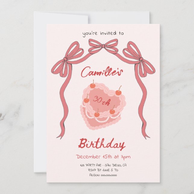 Retro Cake och Bow Coquette Birthday Inbjudningar (Framsida)