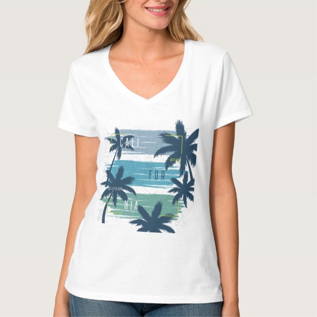Retro California Handflatan Träd-Beach Sunset Aest T Shirt (Framsida)