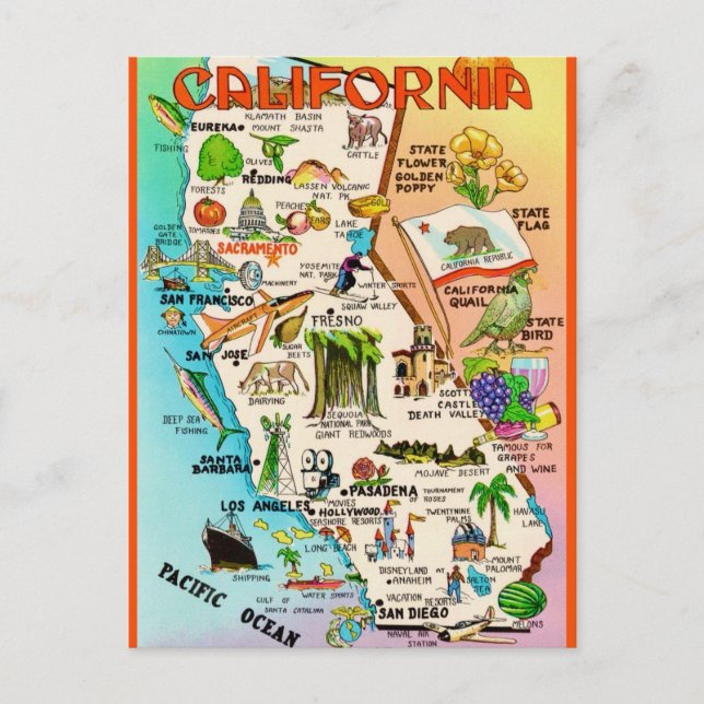Retro California Map Postcard Vykort (Framsida)