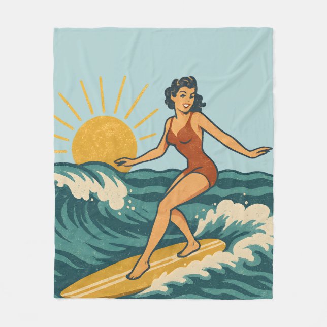 Retro California Pin-Up Surfer Blue Coastal Print Fleecefilt (Framsidan)