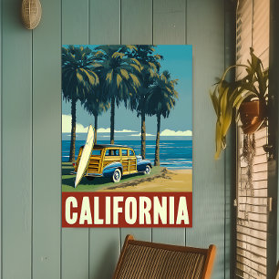 Retro California Surfa Beach Travel Poster