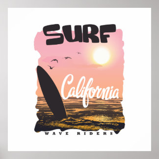 Retro California Surfa Sunset & Vågar Graphic Art Poster