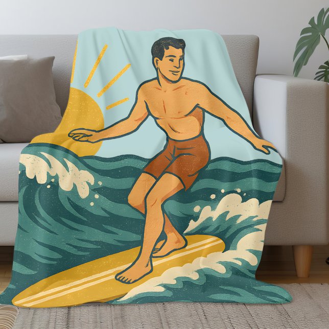 Retro California-Surfare | Kustnära Blå Surfstrand Fleecefilt (Skapare uppladdad)