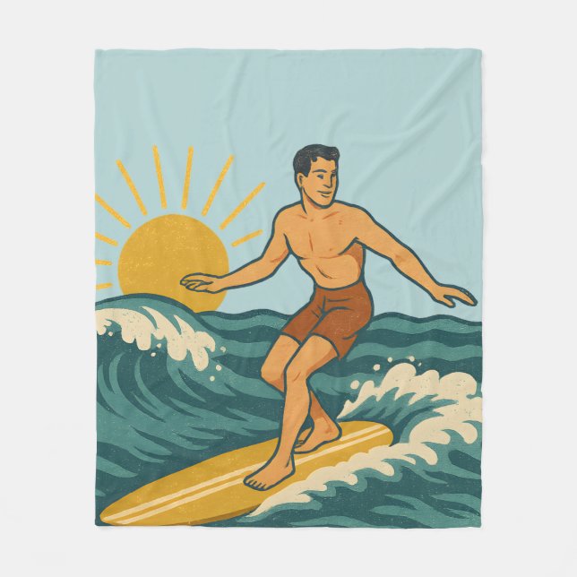 Retro California Surfer Blue Coastal Surfing Print Fleecefilt (Framsidan)