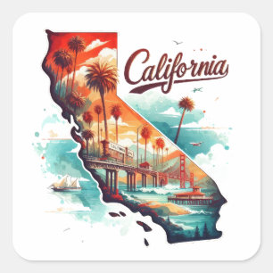 Retro California USA Karta Travel Souvenir Fyrkantigt Klistermärke