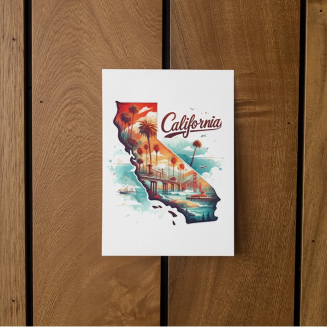 Retro California USA Karta Travel Souvenir Vykort (california usa map travel postcard)