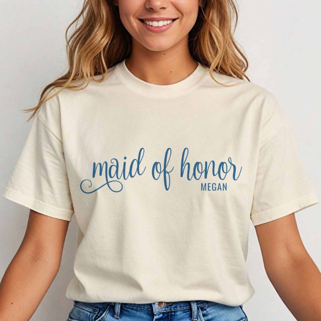 Retro Calligraphy Blue Script Maid of Honor T Shirt (Blue on Natural)