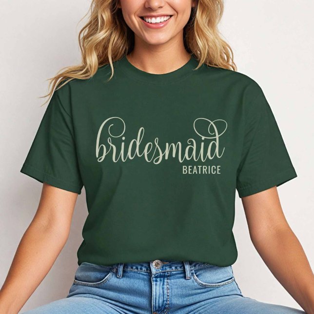 Retro Calligraphy Natural on Forest Bridesmaid T Shirt (Natural on Forest Green)