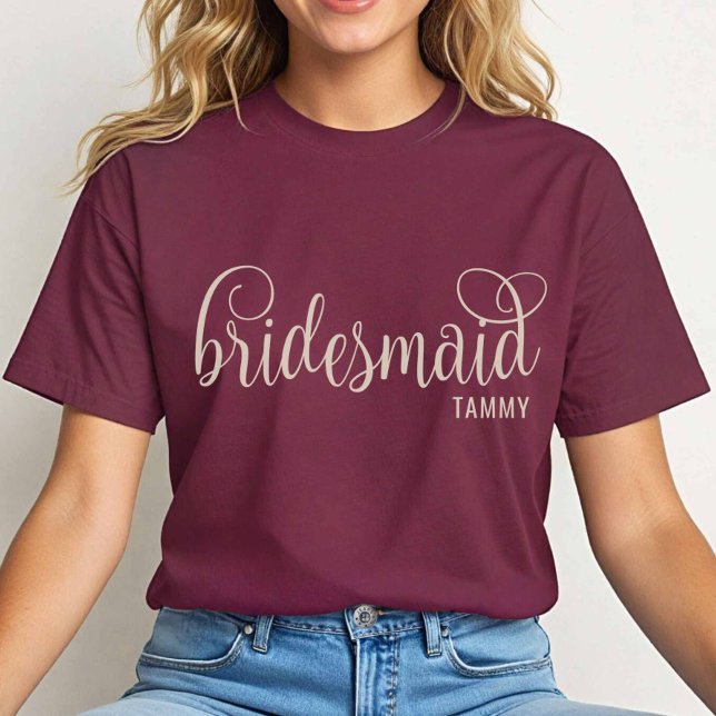 Retro Calligraphy Natural on Maroon Bridesmaid T Shirt (Natural on Maroon)