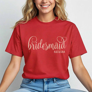Retro Calligraphy Natural on Red Bridesmaid T Shirt