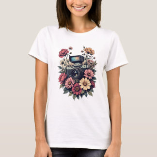 Retro Camera och Blommigt Art T Shirt