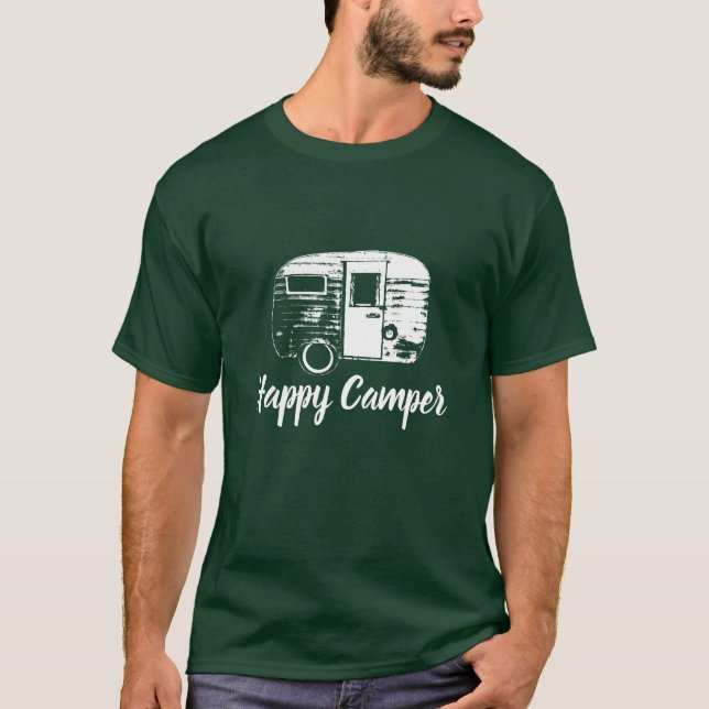 Retro campa släp för lycklig campare som campar tee (Framsida)