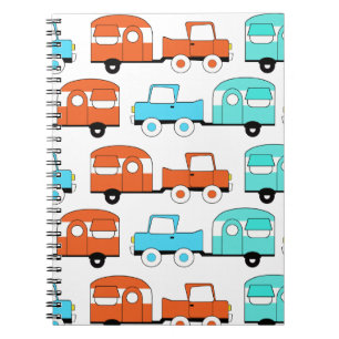 Retro campa vintage car för släpturkosorange anteckningsbok med spiral