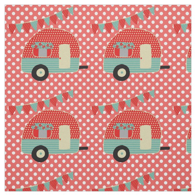 Retro Camper Red Aqua Polkadot Mönster Fabric Tyg (Provkarta)