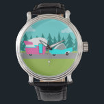 Retro Camper/Trailer Watch and Car Watch Armbandsur<br><div class="desc">Denna Retro Camper/Trailer och Car Watch har ett modernt, minimalistiskt tecknad teckning som lämnar redot att ta sig till den öppna vägen. Som en hyllning till 1950-talet har den här konstruktionen en vintage turkofferbil med vit topp, som drar en kitschyfärs resvagn till slutdestinationen. Den helt återställda, retro RV har en...</div>