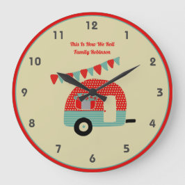 Retro Campervan Red Turquise Shabby chic Stor Klocka