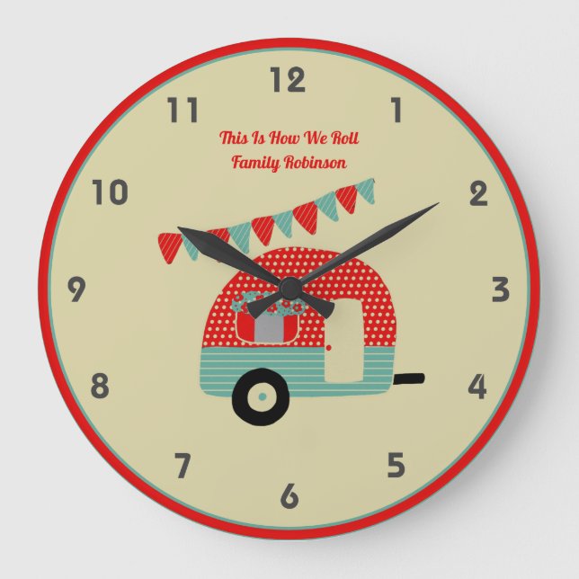 Retro Campervan Red Turquise Shabby chic Stor Klocka (Framsida)