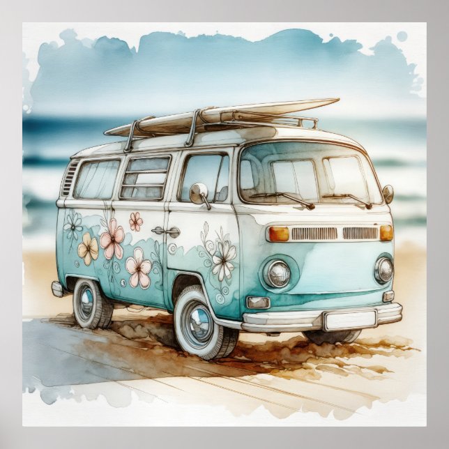 Retro Campervan with Hippie Flowers and Surfboard Poster (Framsidan)