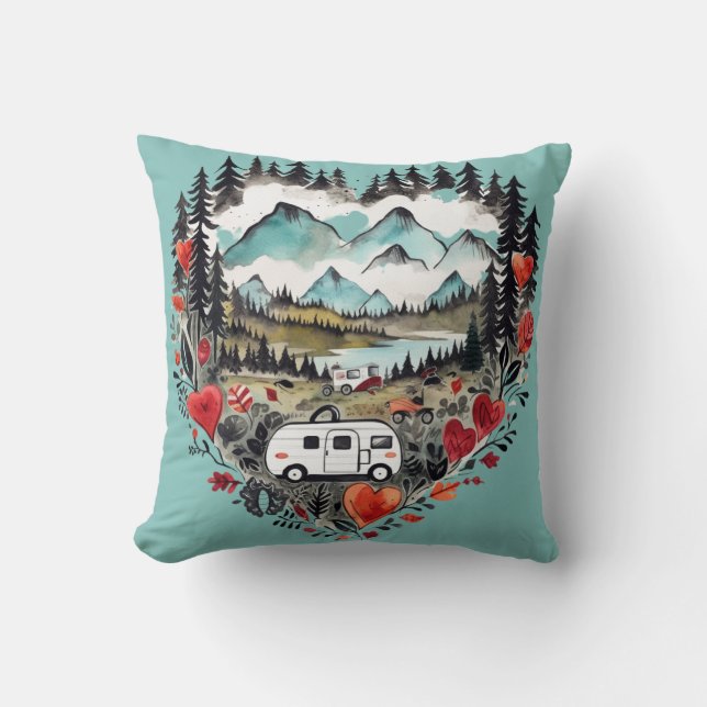 Retro Camping Heart Watercolor Kudde (Framsida)