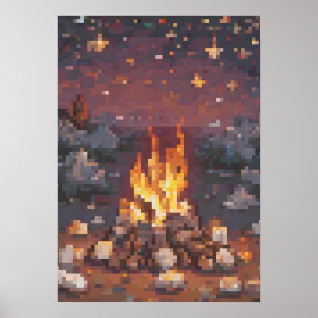 Retro Camping Pixel Art Design - Glowing Campfire  Poster (Framsidan)